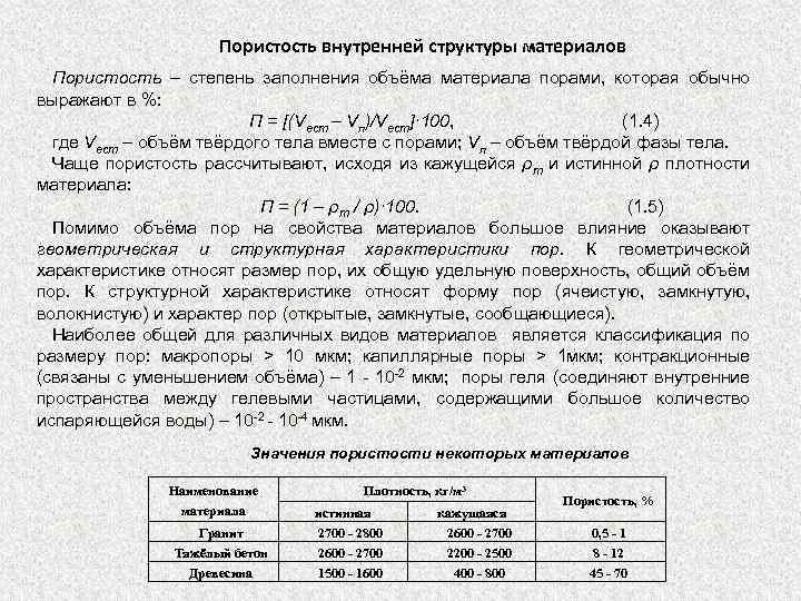 Пористость внутренней структуры материалов Пористость – степень заполнения объёма материала порами, которая обычно выражают