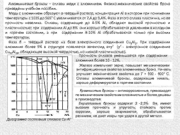 Алюминиевые бронзы – сплавы меди с алюминием. Физико механические свойства бронз приведены учебном пособии.