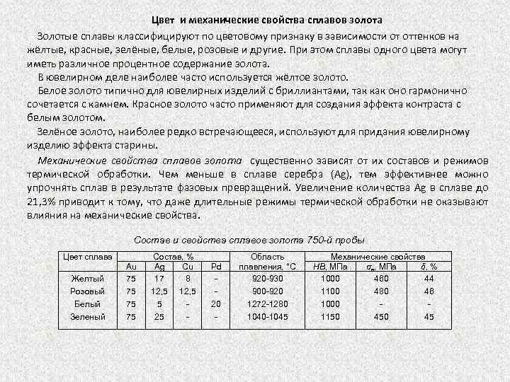 Цвет и механические свойства сплавов золота Золотые сплавы классифицируют по цветовому признаку в зависимости