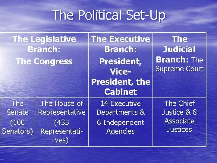 The Political Set-Up The Legislative Branch: The Congress The House of Senate Representative (100