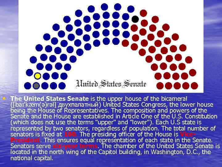  • The United States Senate is the upper house of the bicameral ([baɪ'kæm(ə)rəl]