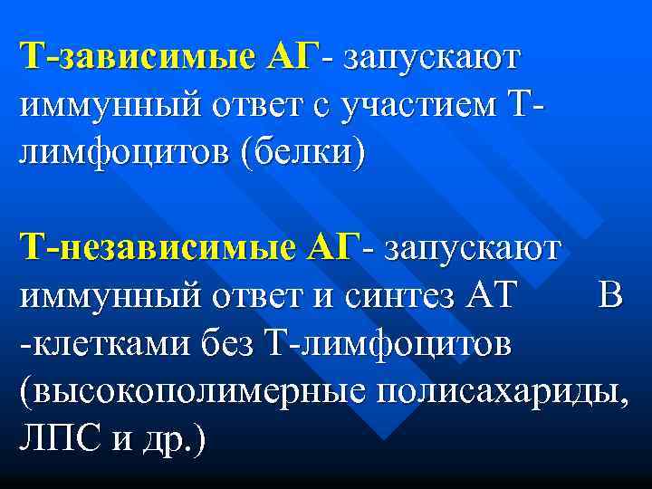 Т-зависимые АГ- запускают иммунный ответ с участием Тлимфоцитов (белки) Т-независимые АГ- запускают иммунный ответ