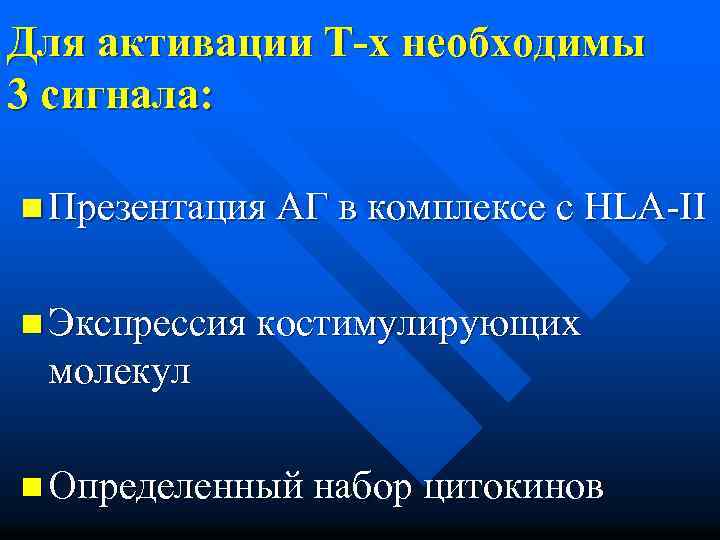 Для активации Т-х необходимы 3 сигнала: n Презентация АГ в комплексе с HLA-II n