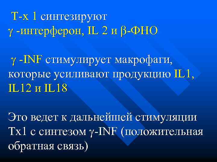 Т-х 1 синтезируют -интерферон, IL 2 и -ФНО -INF стимулирует макрофаги, которые усиливают продукцию