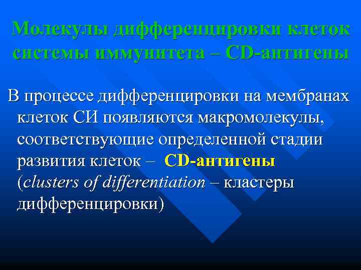 Молекулы дифференцировки клеток системы иммунитета – CD-антигены В процессе дифференцировки на мембранах клеток СИ