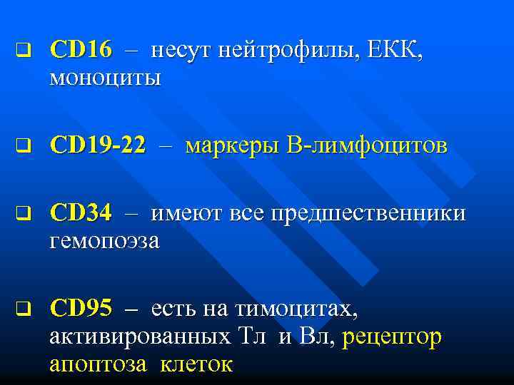 q CD 16 – несут нейтрофилы, ЕКК, моноциты q CD 19 -22 – маркеры