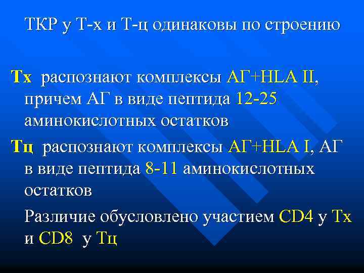  ТКР у Т-х и Т-ц одинаковы по строению Тх распознают комплексы АГ+HLA II,