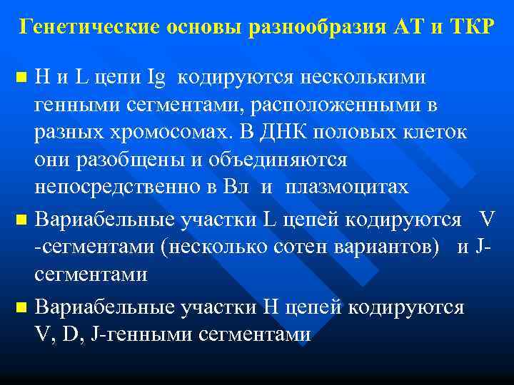 Генетические основы разнообразия АТ и ТКР H и L цепи Ig кодируются несколькими генными