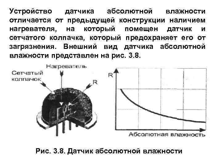 Устройство датчика абсолютной влажности отличается от предыдущей конструкции наличием нагревателя, на который помещен датчик