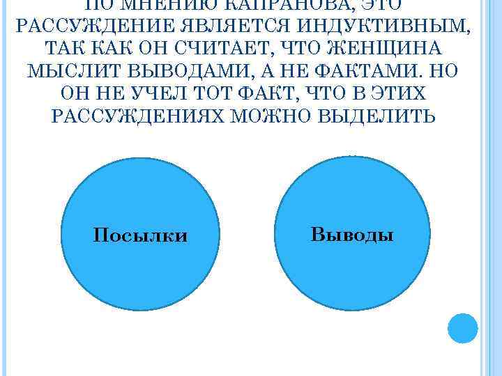 ПО МНЕНИЮ КАПРАНОВА, ЭТО РАССУЖДЕНИЕ ЯВЛЯЕТСЯ ИНДУКТИВНЫМ, ТАК КАК ОН СЧИТАЕТ, ЧТО ЖЕНЩИНА МЫСЛИТ