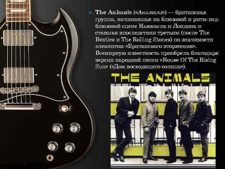  The Animals ( «Анималз» ) — британская группа, начинавшая на блюзовой и ритм-эндблюзовой