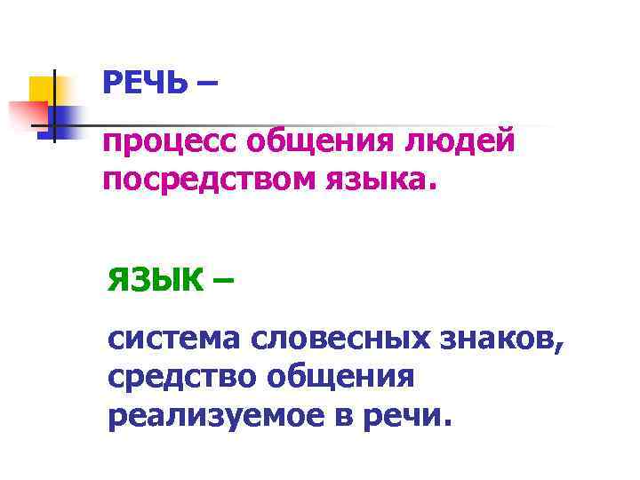 РЕЧЬ – процесс общения людей посредством языка. ЯЗЫК – система словесных знаков, средство общения