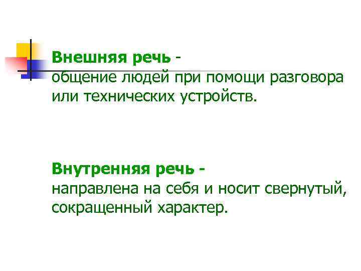 Внешняя речь общение людей при помощи разговора или технических устройств. Внутренняя речь направлена на