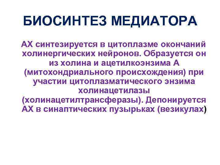 БИОСИНТЕЗ МЕДИАТОРА АХ синтезируется в цитоплазме окончаний холинергических нейронов. Образуется он из холина и
