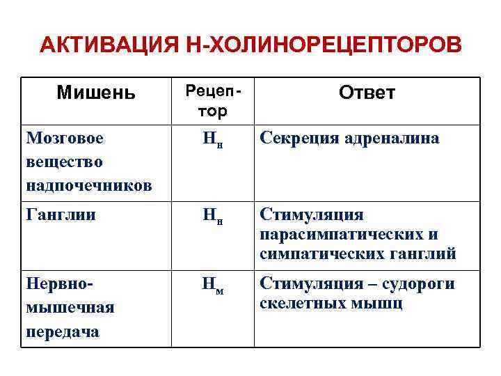 АКТИВАЦИЯ Н-ХОЛИНОРЕЦЕПТОРОВ Мишень Рецептор Ответ Мозговое вещество надпочечников Нн Секреция адреналина Ганглии Нн Стимуляция