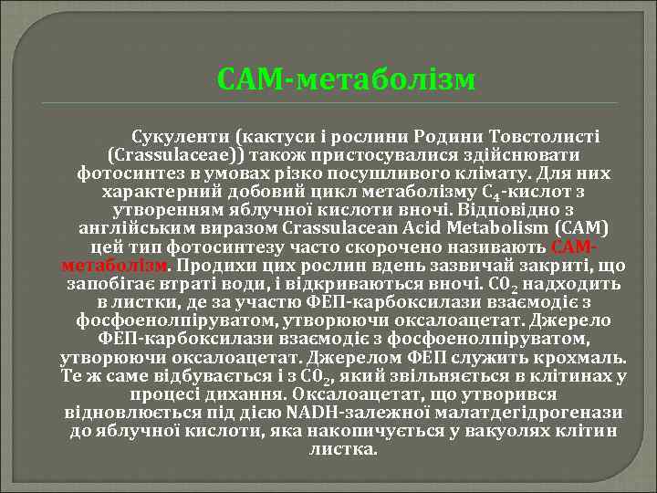 САМ-метаболізм Сукуленти (кактуси і рослини Родини Товстолисті (Crassulaceae)) також пристосувалися здійснювати фотосинтез в умовах