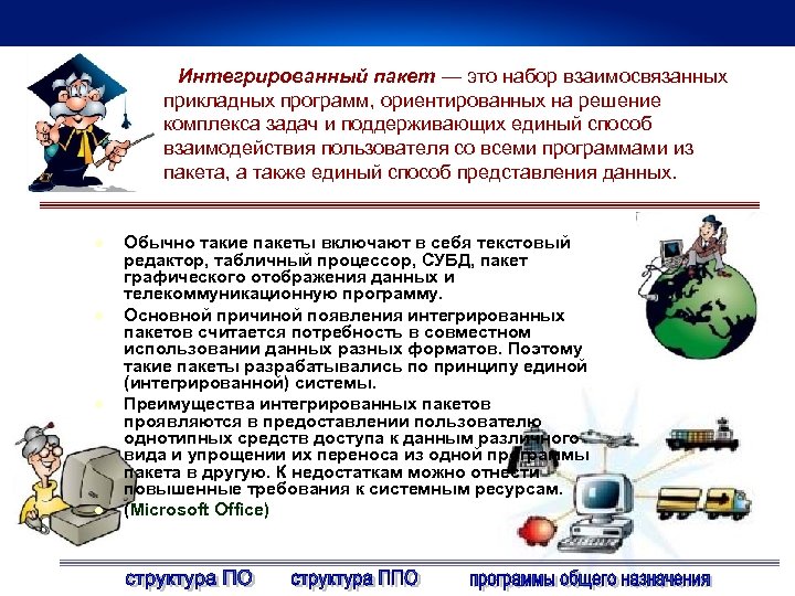 Интегрированный пакет — это набор взаимосвязанных прикладных программ, ориентированных на решение комплекса задач и