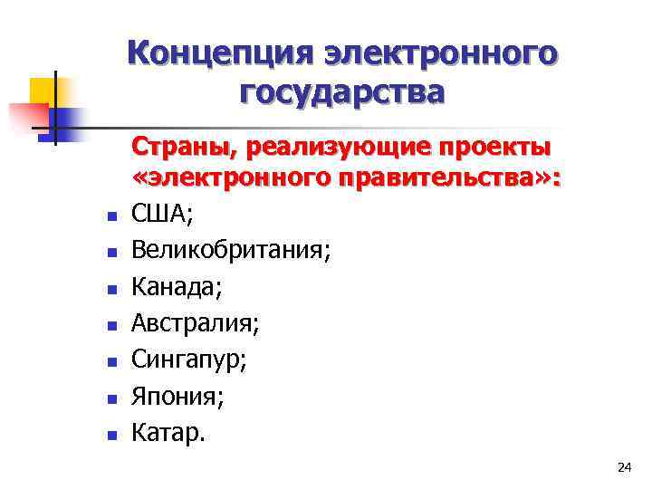 Концепция электронного государства n n n n Страны, реализующие проекты «электронного правительства» : США;