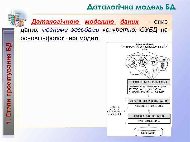 Даталогічна модель БД 1. Етапи проектування БД Даталогічною моделлю даних – опис даних мовними