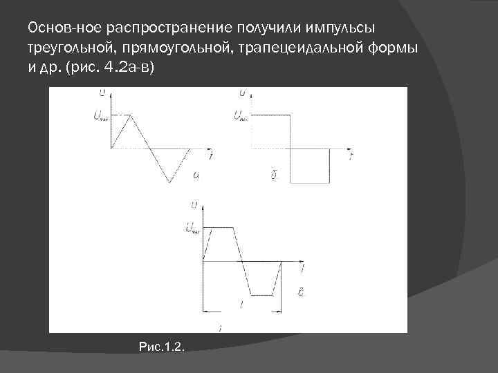 Основ ное распространение получили импульсы треугольной, прямоугольной, трапецеидальной формы и др. (рис. 4. 2