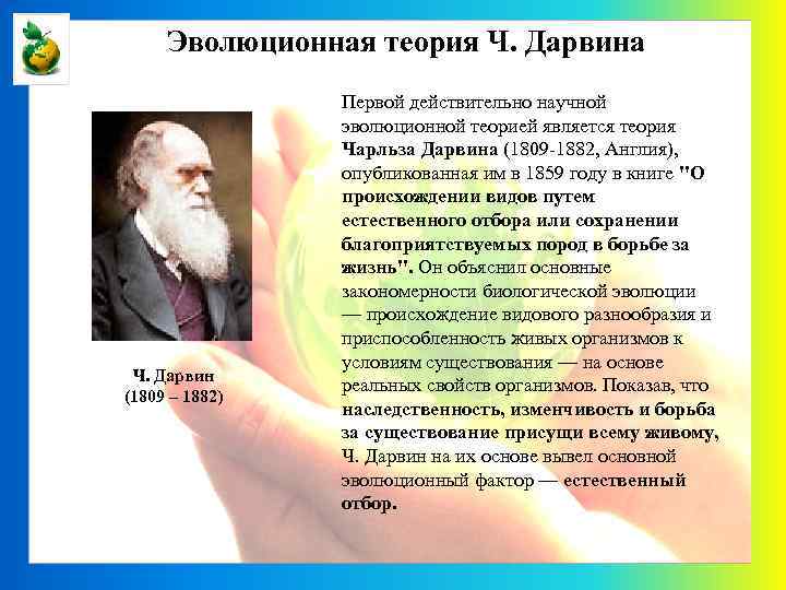 Эволюционная теория Ч. Дарвина Ч. Дарвин (1809 – 1882) Первой действительно научной эволюционной теорией