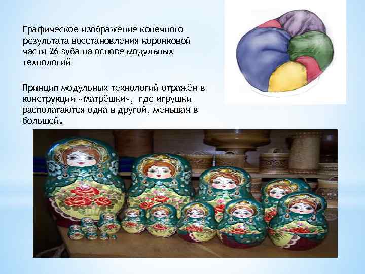 Графическое изображение конечного результата восстановления коронковой части 26 зуба на основе модульных технологий Принцип