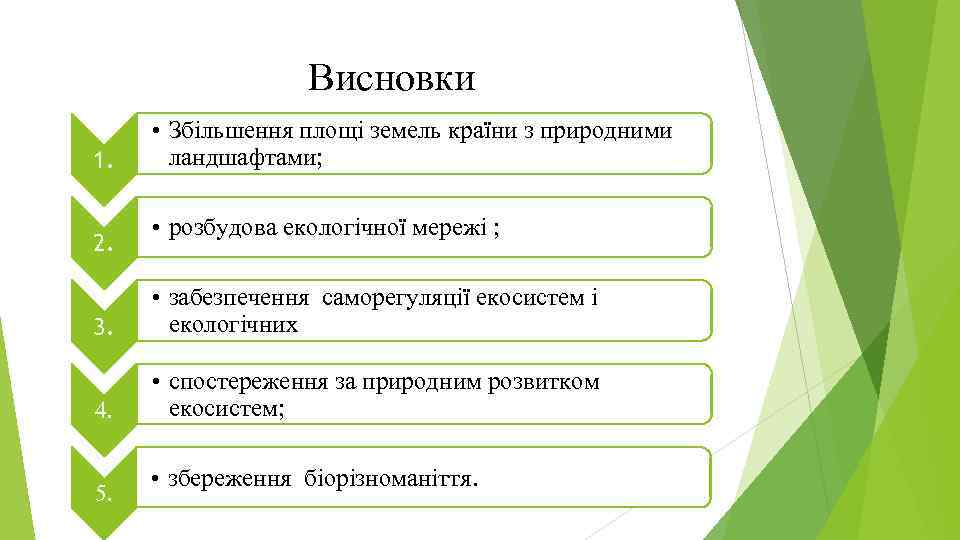 Висновки 1. 2. • Збільшення площі земель країни з природними ландшафтами; • розбудова екологічної