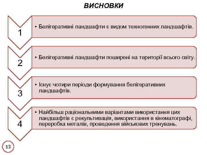 ВИСНОВКИ 1 2 3 4 13 • Белігеративні ландшафти є видом техногенних ландшафтів. •