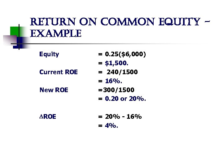 return on common equity example Equity Current ROE New ROE = 0. 25($6, 000)