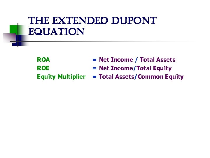 the extended dupont equation ROA ROE Equity Multiplier = Net Income / Total Assets