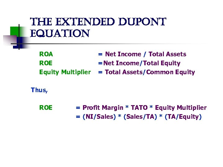 the extended dupont equation ROA ROE Equity Multiplier = Net Income / Total Assets