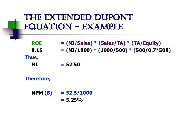 the extended dupont equation - example ROE 0. 15 Thus, NI = (NI/Sales) *