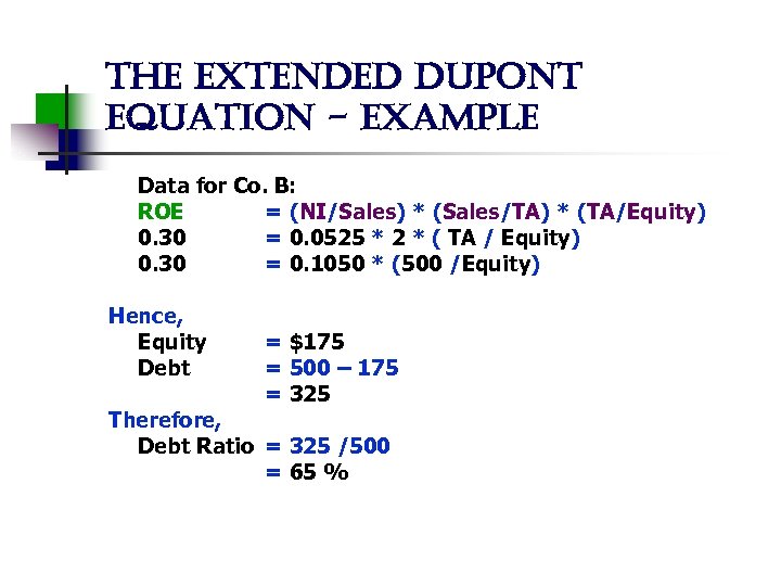 the extended dupont equation - example Data for Co. B: ROE = (NI/Sales) *