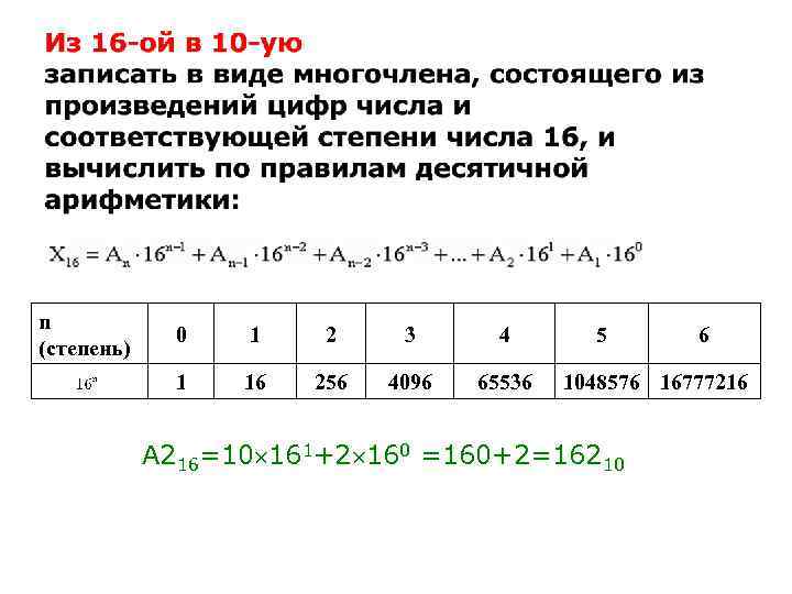 n (степень) 0 1 2 3 4 1 16 256 4096 65536 5 6