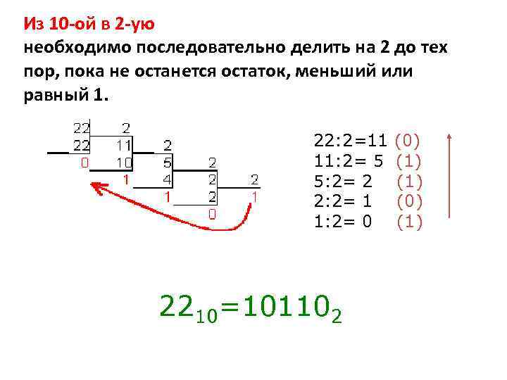 Из 10 -ой в 2 -ую необходимо последовательно делить на 2 до тех пор,
