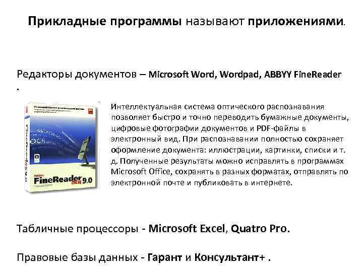 Прикладные программы называют приложениями. Редакторы документов – Microsoft Word, Wordpad, ABBYY Fine. Reader. Интеллектуальная