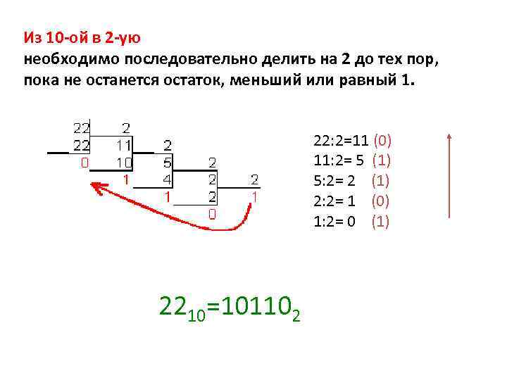 Из 10 -ой в 2 -ую необходимо последовательно делить на 2 до тех пор,