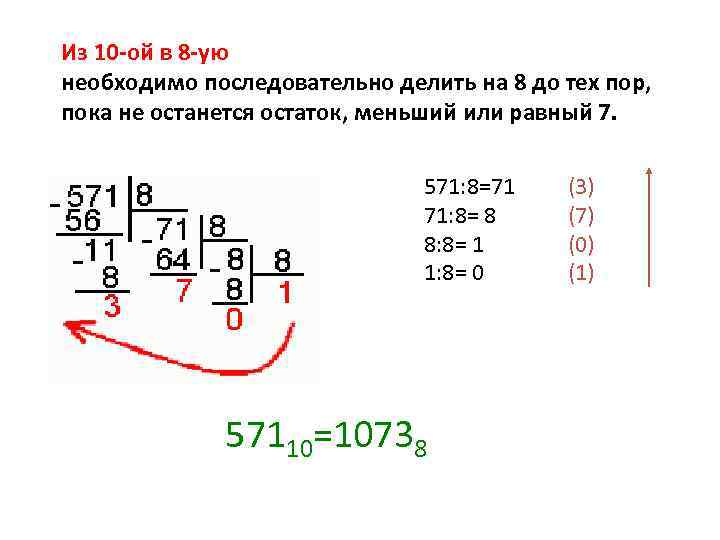 Из 10 -ой в 8 -ую необходимо последовательно делить на 8 до тех пор,