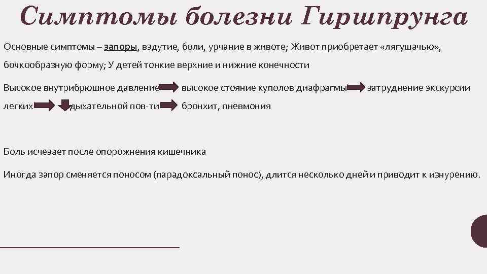 Симптомы болезни Гиршпрунга Основные симптомы – запоры, вздутие, боли, урчание в животе; Живот приобретает