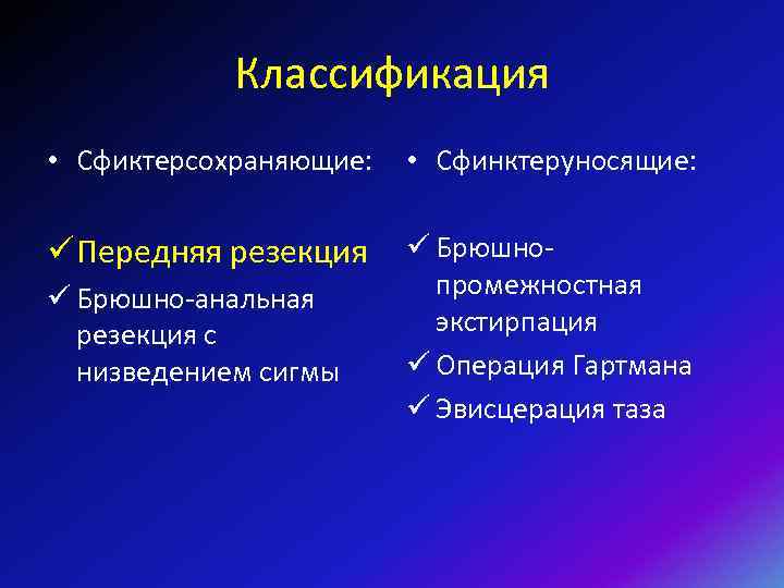 Классификация • Сфиктерсохраняющие: • Сфинктеруносящие: ü Передняя резекция ü Брюшнопромежностная экстирпация ü Операция Гартмана