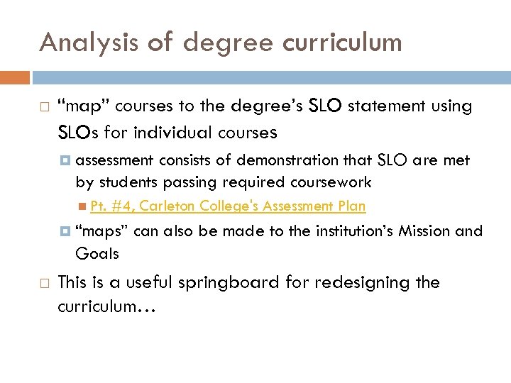 Analysis of degree curriculum “map” courses to the degree’s SLO statement using SLOs for