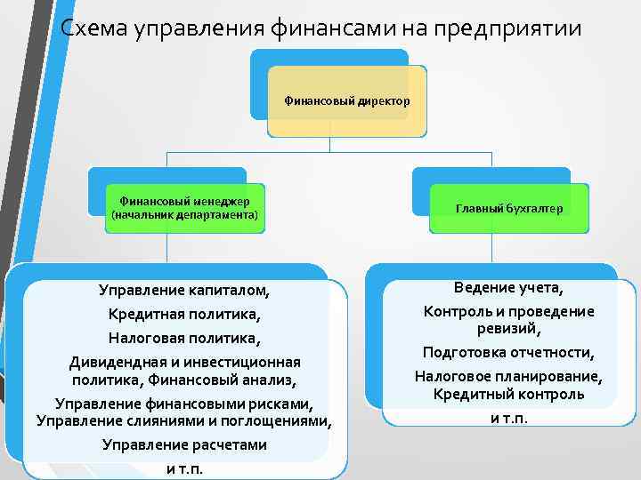 Схема управления финансами на предприятии Финансовый директор Финансовый менеджер (начальник департамента) Главный бухгалтер Управление
