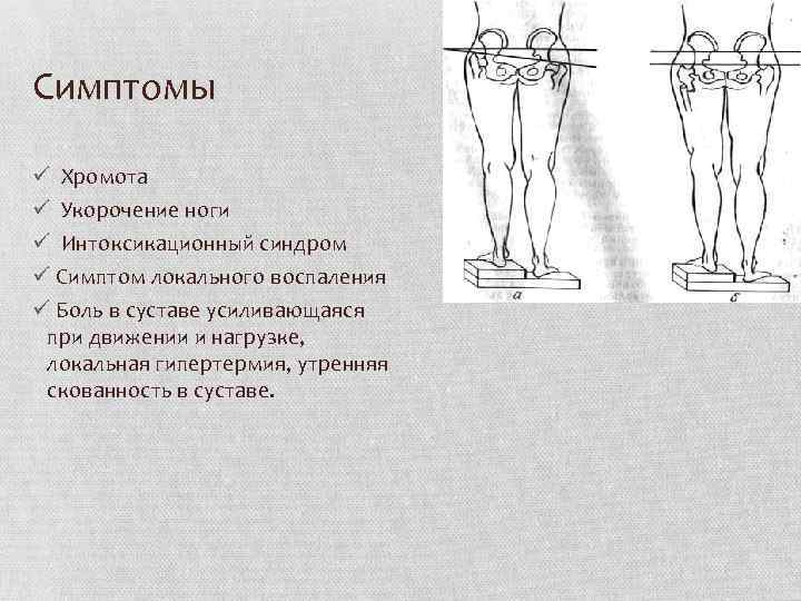 Симптомы ü Хромота ü Укорочение ноги ü Интоксикационный синдром ü Симптом локального воспаления ü