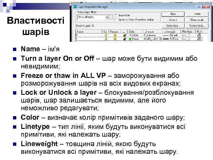 Властивості шарів n n n n Name – ім'я Turn a layer On or