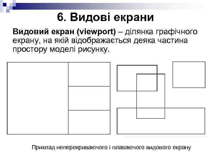 6. Видові екрани Видовий екран (viewport) – ділянка графічного екрану, на якій відображається деяка