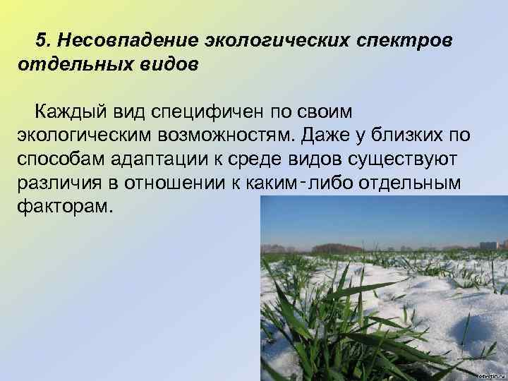 5. Несовпадение экологических спектров отдельных видов Каждый вид специфичен по своим экологическим возможностям. Даже