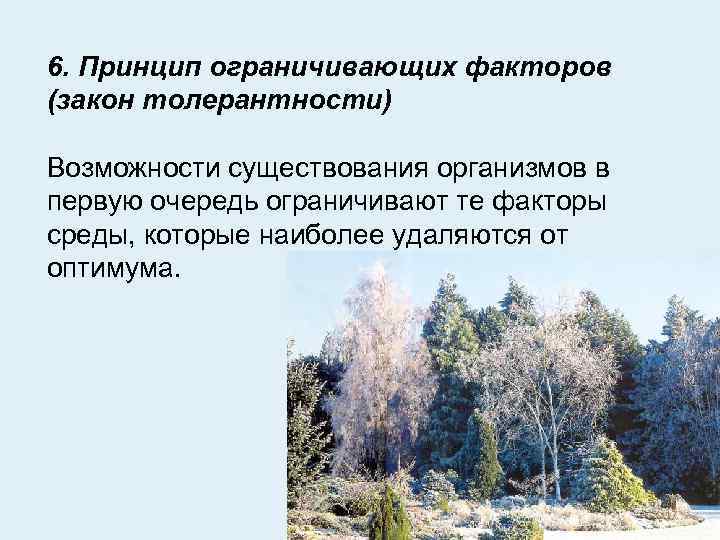 6. Принцип ограничивающих факторов (закон толерантности) Возможности существования организмов в первую очередь ограничивают те