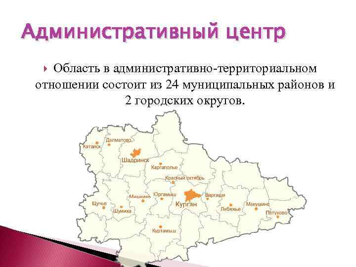 Административный центр Область в административно-территориальном отношении состоит из 24 муниципальных районов и 2 городских