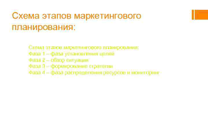 Схема этапов маркетингового планирования: Фаза 1 – фаза установления целей Фаза 2 – обзор