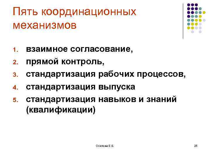 Пять координационных механизмов 1. 2. 3. 4. 5. взаимное согласование, прямой контроль, стандартизация рабочих